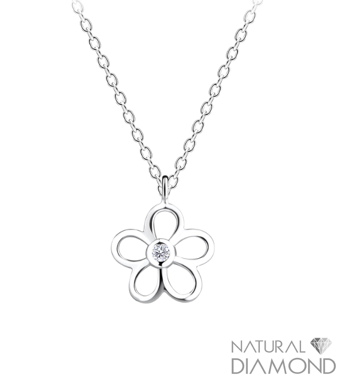 Silver Flower Necklace With Natural Diamond