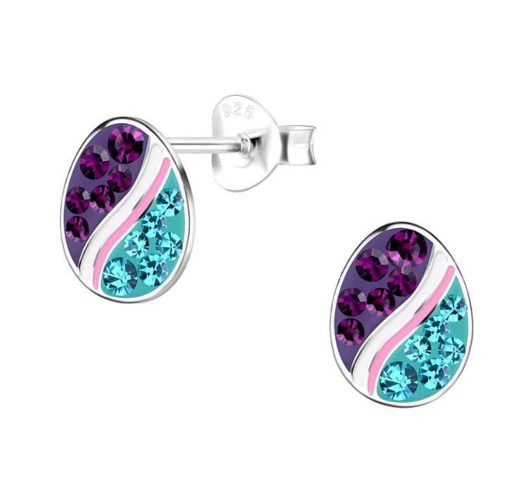 Silver Easter Egg Stud Earrings purple blue
