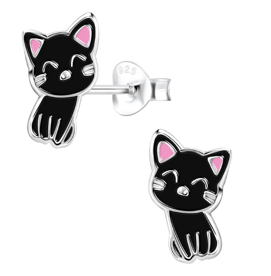 Silver Cat Stud Earrings black